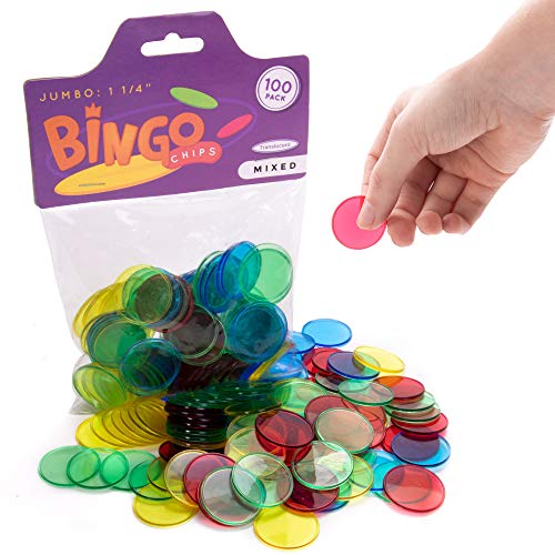 100 Jumbo Bingo Chips - 1.25” Clear Multicolored Plastic Tokens In Bulk - Colorful Translucent Counter Markers For Game Cards - Gaming Supplies, Accessories, & Manipulatives Resource #TOP27