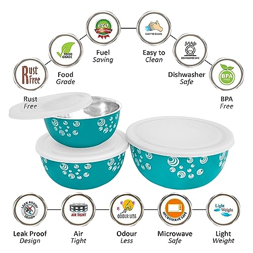 Image of Microsafe Stainless Steel Mixing Bowl Set with Lids - 3-Piece Nesting Bowls for Kitchen Prep, Serving & Food Storage (500ml, 750ml, 1250ml) (3 Turquoise Spiral)