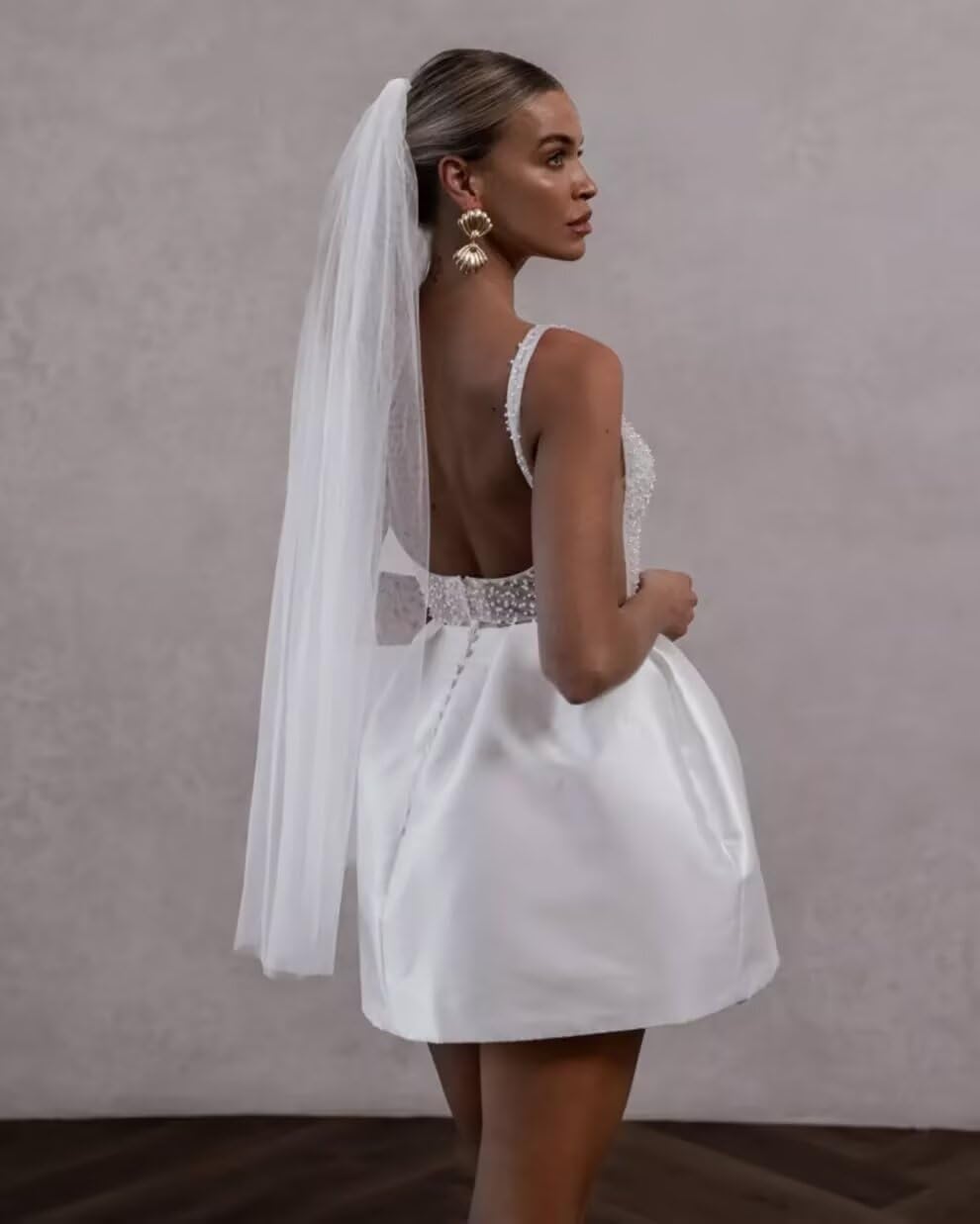 Wchecalino Square Neck Satin Short Wedding Dresses 2026 Beaded Bridal Shower Dress Corset Wedding Reception Gowns for Bride