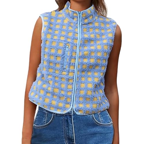 Midnight Lunch Vest, Women's Checkered Polar Fleece Vest, Fall Winter Sleeveless Cardigan with Chest Pocket for women