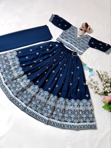 Girls Navy Blue Lehenga Choli Set with Silver Embroidery, Traditional Indian Wedding Party Wear Dress4