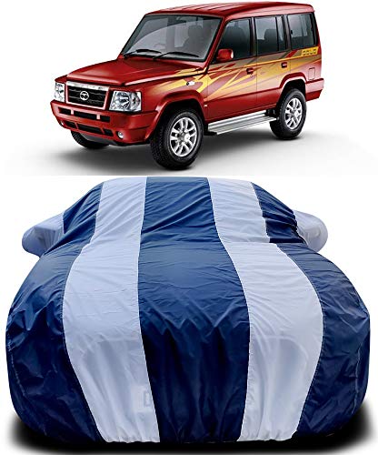 Image of PURPLEHEART Car Body Cover Compatible with Tata Sumo Victa Car Cover Body with Mirror Pocket Triple Stitched Bottom Elastic Water Resistant UV Protection & Dustproof Car Cover-Blue & White