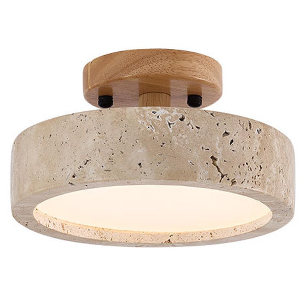 TRIVIDHA Minimalistische Deckenleuchte aus Stein, Wabi-sabi, Beige, nahe der Decke, 7,9 Zoll, Deckenleuchte mit Holzsockel, E27, Beleuchtung, Deckenleuchten aus Marmor, für Flur, Schlafzimmer, Küche