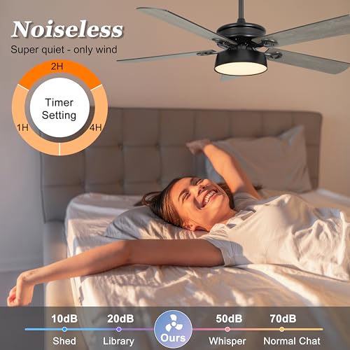 Ohniyou 52 Outdoor Ceiling Fan with Light and Remote - Modern Black for Patio, Living Room, Bedroom, Dining Room, Kitchen