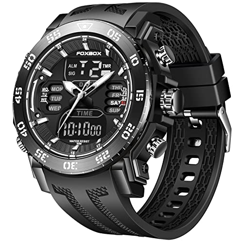 LIGE Men's Digital Outdoor Sports Watch Man Electronic Multi Tactical Army LED Alarm Stopwatch Military Waterproof Black Sports Dual-Display Large Face Dial Wristwatch