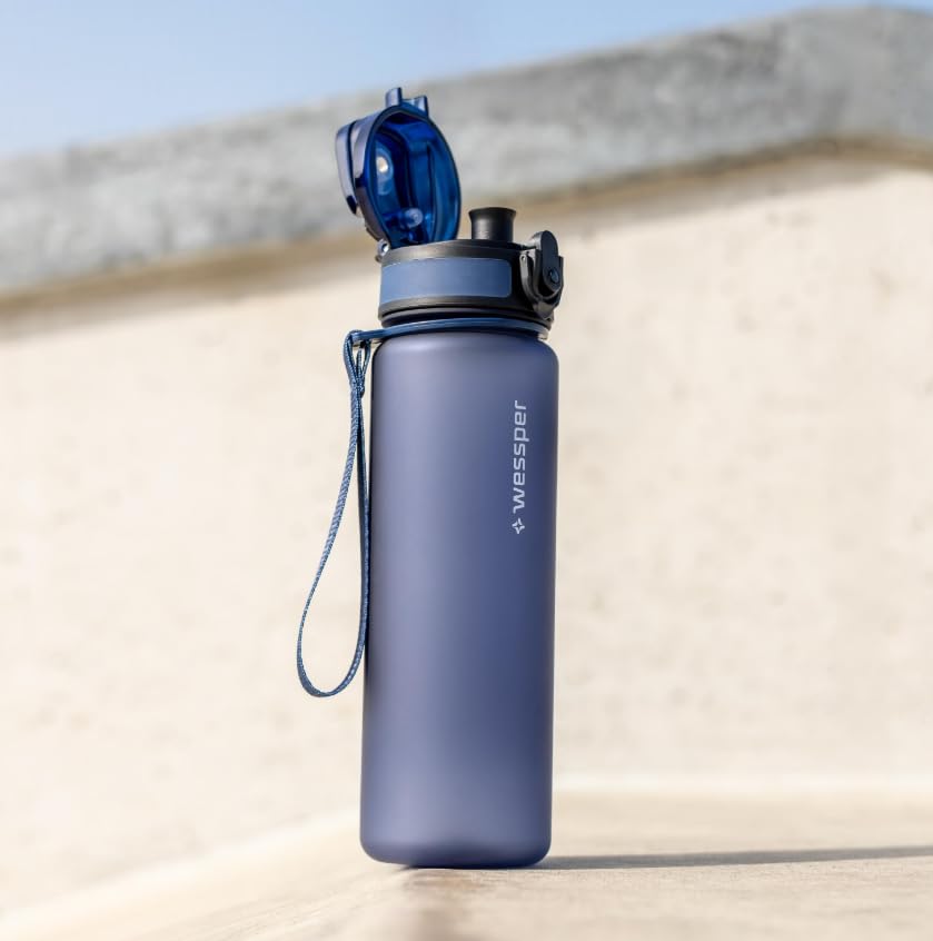 Wessper Trinkflasche 500ml Active Max, Tritan Sportflasche mit Zeitmarkierung BPA-frei, Auslaufsicher Wasserflasche für Sport Fahrrad Wandern Schule Kinder - Blau