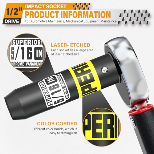Image of 1 /2 inch Drive Impact Socket, 5 /16 inch Deep Socket, SAE, 6 Point, CR-V, for Car Repair, Loosen the Fastening Nut