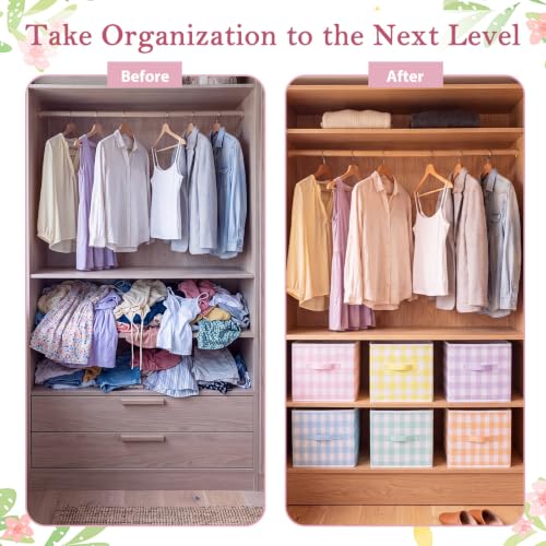 BrightRow 6 Pcs 11 Inch Pastel Gingham Cube Storage Bins Collapsible Storage Organizer with Handles Fabric Container Baskets for Closet Clothes Toys Book Room Home Organization - Image 4