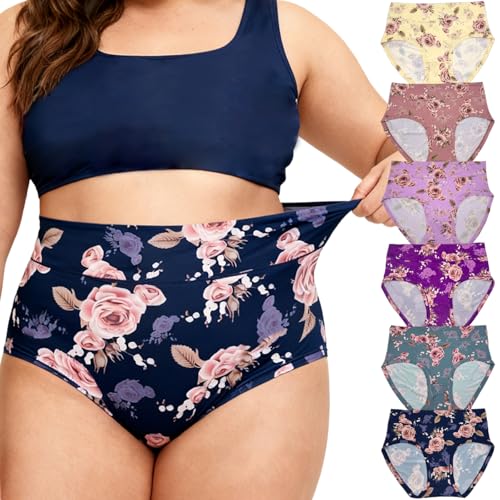Image of Womens Underwear XL-5XL Plus Size Ladies Panties Mid High Waist Briefs for Woman Floral Print Pantys 6-Pack