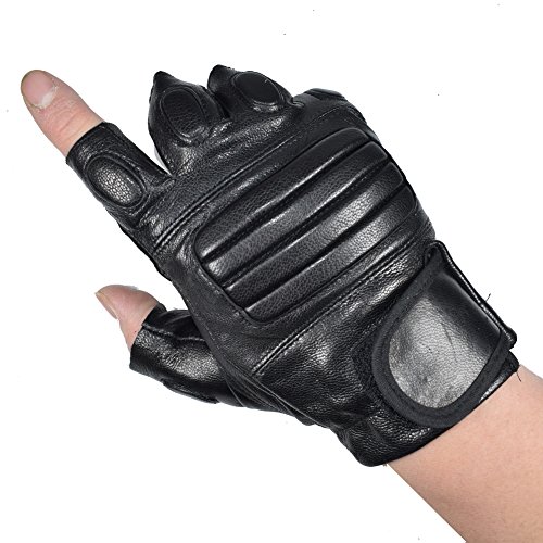 KUYOMENS Men's Holes Design Cycling Sports Black Half Finger Genuine Leather Gloves