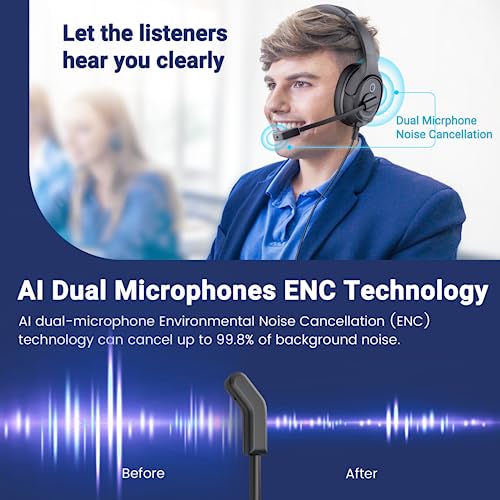 Image of Headset with Microphone for PC, USB Computer Headsets AI-Powered Environmental Noise Cancelling Headphone with Busylight, Mic Mute Boom & Volume Control, Wired Over-Ear Headset for Laptop /Work /Office