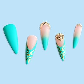 Hkanlre French Fake Nails Green Press on Nails Long Stiletto Acrylic False Nails Full Cover Rhinestones Nails for Women and Girls 24PCS