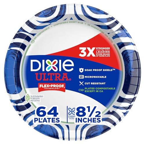 Dixie Ultra Medium Paper Plates 8.5 Inch 64 Count 3X Stronger* Heavy Duty Microwave-Safe Soak-Proof Cut Resistant Disposable Plates For Heavy Messy Meals