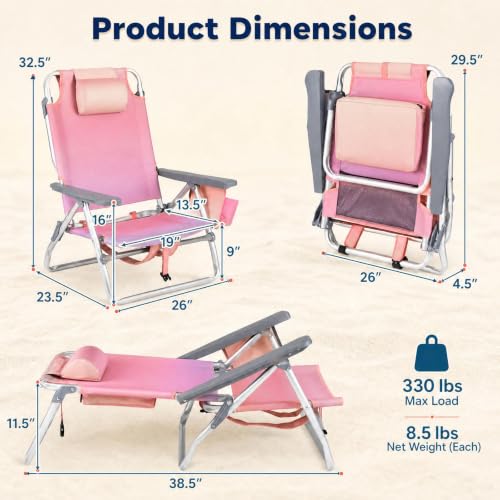 Image of Tangkula Set of 4 Backpack Beach Chair for Camping Beach Picnic | 5-Position Adjustable Backrest | Foldable, Lightweight & Portable | Cooler Bag, 2 Cup Holders, Towel Bar, Backpack Straps