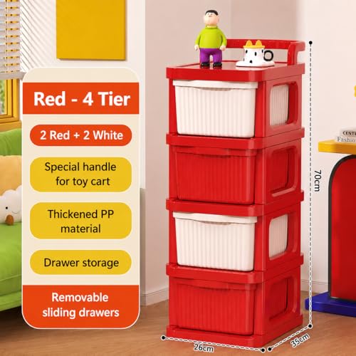Image of JD FRESH 4 Tier Plastic Storage Drawer Cabinet with Wheels /Plastic Storage Drawer /Multipurpose Chest of Drawer /Storage Box for Living Room, Office and Home /Toys Organizer for Kids Room (Red)