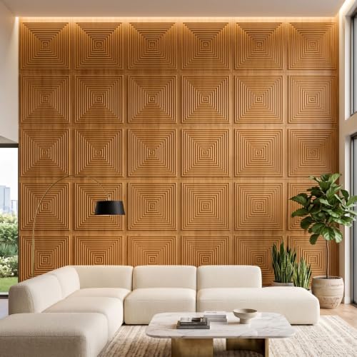 Image of Kayra Decor 3D PVC Wall Panels for Bedroom & Living Room | Pryamid Design |Teak Wood Color | 19.7 x 19.7 Inch | Pack of 12 | 32.28 Sq Ft