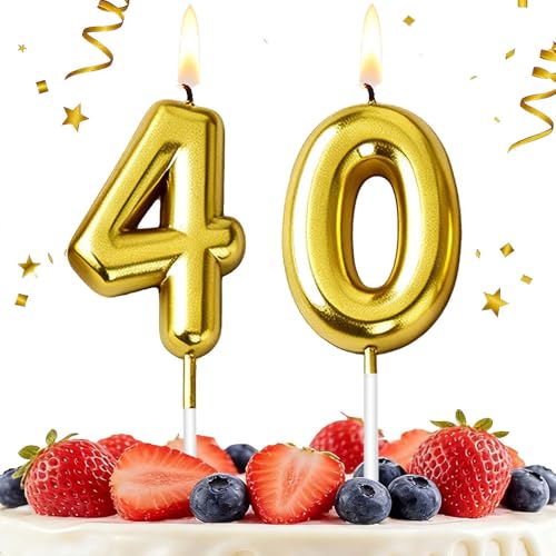 HLWGFJDY 40th Birthday Candles Gold Number 40 Cake Topper Happy Birthday Cake Decorations for 40th Birthday Party Gold Candles for Birthday Anniversary Celebration Party Supplies