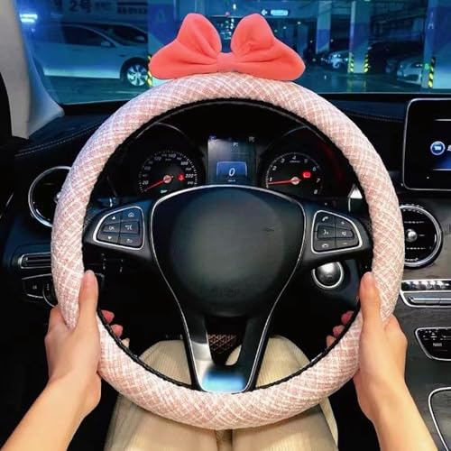 15 Inches Universal Round Car Steering Wheel Cover, Cute Bow Soft Breathable Non-Slip Steering Wheel Protector Wrap for Women (Pink)