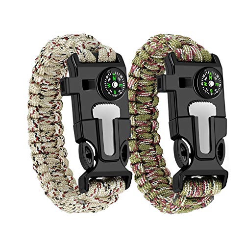Paracord Survival Bracelet Loud Whistle Emergency Compass Survival Fire Starter Scraper Accessories for Hiking, Camping, Fishing and Hunting (2 Pack)