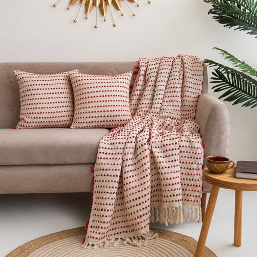 DMAASA Handwoven Ruby Stripe Sofa Throw (50x70 Inches) with 2 Pcs Cushion Cover(16x16 Inch) Soft Lightweight Thrower for Couch, Living Room & Bed (Pack of 3)