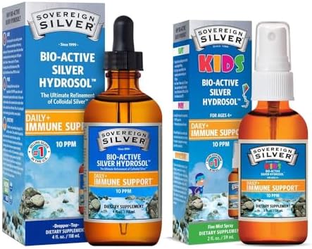 Sovereign Silver Bio-Active Silver Hydrosol Family Bundle – Bio-Active Silver Hydrosol for Immune Support – Dropper, 4 oz + Kids Bio-Active Silver Hydrosol Liquid for Immune Support – Fine Mist, 2 oz