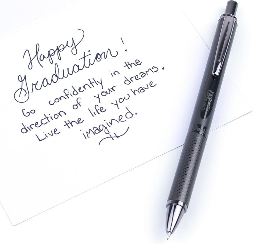 Image of Pentel EnerGel Metal 0.7mm Roller Gel Pen | Aluminium Metal Matte Black Body | Textured Grip With Retractable Mechanism | Black Body, Blue Ink