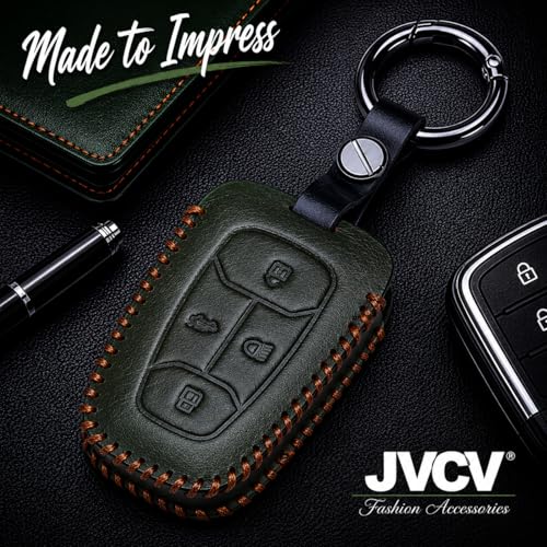 Image of JVCV Car Styling Soft Handmade Leather Key Cover Compatible with Tata Nexon, Harrier, Tiago EV, Altroz, Tigor, Safari, Nexon EV, Punch, Punch EV 4 Button Smart Key (Green)