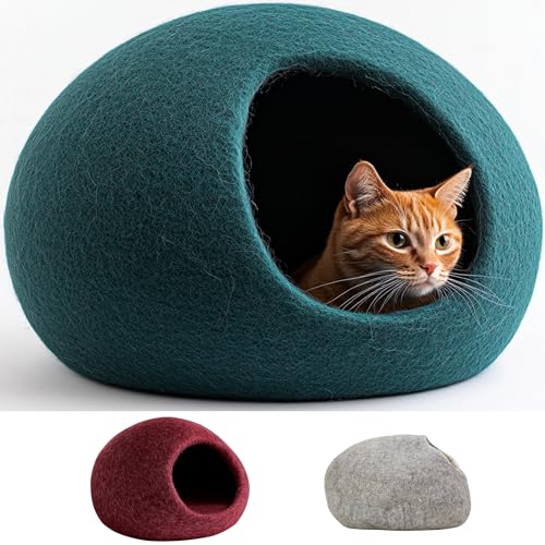 Cuccia XL per Gatti - Casetta Robusta Fuori e Morbida Dentro - Letto per Gatti Grandi - Realizzata a Mano Con Lana Neozelandese (Petrol)