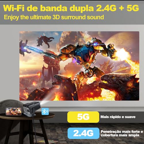 Projetor Portatil 5G Wifi 6, Bluetooth 5.0 e Android 13, Projetor Inteligente Full HD 4K, Auto de Co