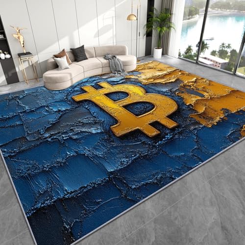 Zoainuos Bitcoin Carpet Rug - 3x4 Rug, Cryptocurrency Door Mat Indoor Entrance, Gold and Blue Entryway Throw Rugs, Financial Carpet, Bitcoin Home Decor & Gifts