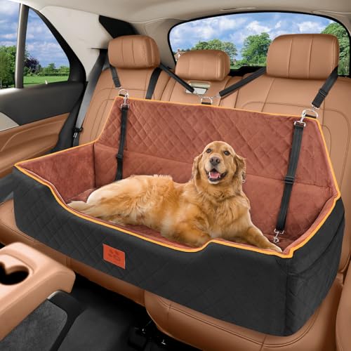 XIEEAOZEE Large Dog Car Seat for Dods Under 100 Lbs, Memory Foam Dog Car Bed for Backseat & Trunk, Detachable and Washable Cover, Pet Travel Seat with Storage Pockets,2 Safety Belts