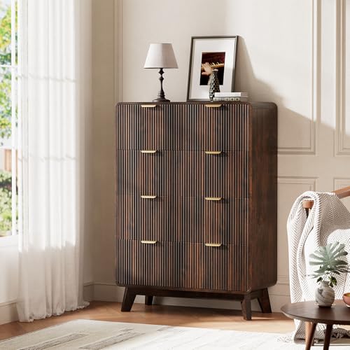Image of QUW Fluted 5 Drawers Dresser for Bedroom, Modern 40.2 inch Tall Drawer Dressers with Metal Handle, Wooden Chest of Dresser for Living Room, Hallway, Solid Wood Legs, Curved Profile Design, Dark Walnut