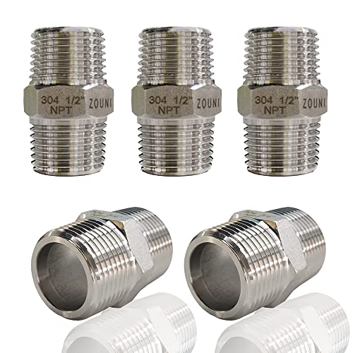 ZOUNI 5PCS Hex Nipple 1/2\" Male x 1/2\" Male Pipe Fittings, 304 Stainless Steel NPT 1/2 inch Male Threaded Pipe Adapter Fittings Equal Nipples Connectors, Male Straight Connector Pipe Fitting