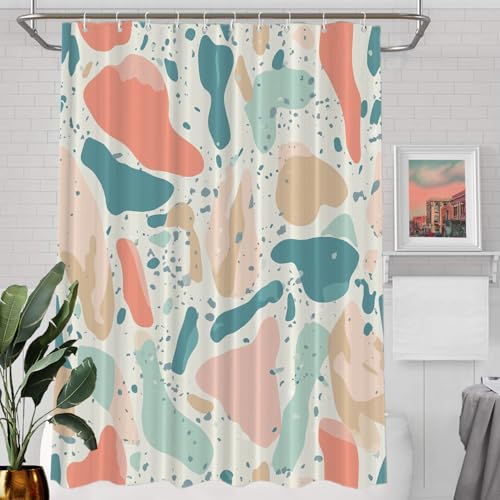 Batmerry Terrazzo Inspired Abstract Decor Shower Curtain, Pastel Geometric Shapes
