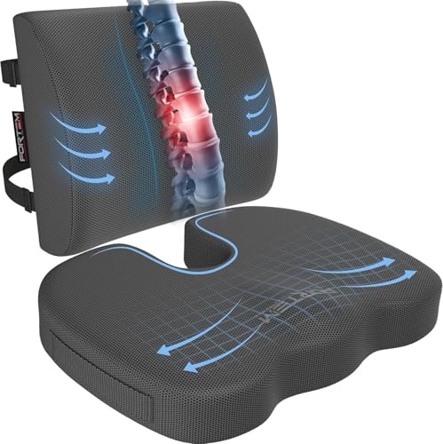 FORTEM Office Chair Cushion and Back Support for Office Chair, Lumbar Support Pillow, Memory Foam, Non Slip Sitting and Back Rest for Gaming, Car Seat Cushion, Chair Pad