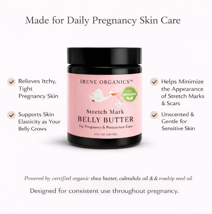 Organic Belly Butter for Pregnancy Stretch Mark Prevention and Treatment by Irene Organics - Award Winning Anti Stretch Mark Tummy Balm For Pregnancy and Postpartum 4oz - Hydrating Bump Cream - Image 2