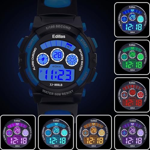 edillas kids watches boys digital 7 colors led lights 50m waterproof wristwatches for children students teenagers sport outdoor multifunctional with stopwatchalarm ages 7-15