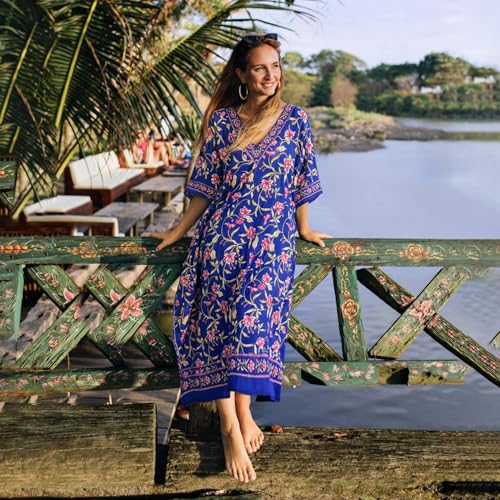 Image of Miss Lavish London Kaftan Dresses for Women Plus Size Long Batwing Sleeve Caftans, V Neck Moo Moo Printed Beach Cover Up Maxi Beach Dress, Bathing Suit Cover-Up Loungewear