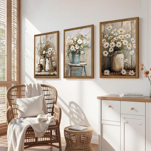 Image of DUWQU Triptych Rustic Farmhouse Daisy Framed Canvas Wall Art 12x16 inch x3