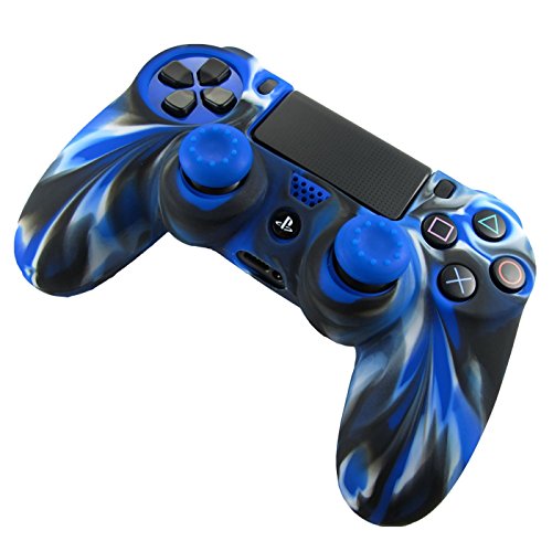 DOTBUY PS4 Controller capa de silicone protetor controlo de PlayStation 4 PS4 Slim PS4 Pro Game capa de 1 cores com 1 par de garras de polegar (camo azul)