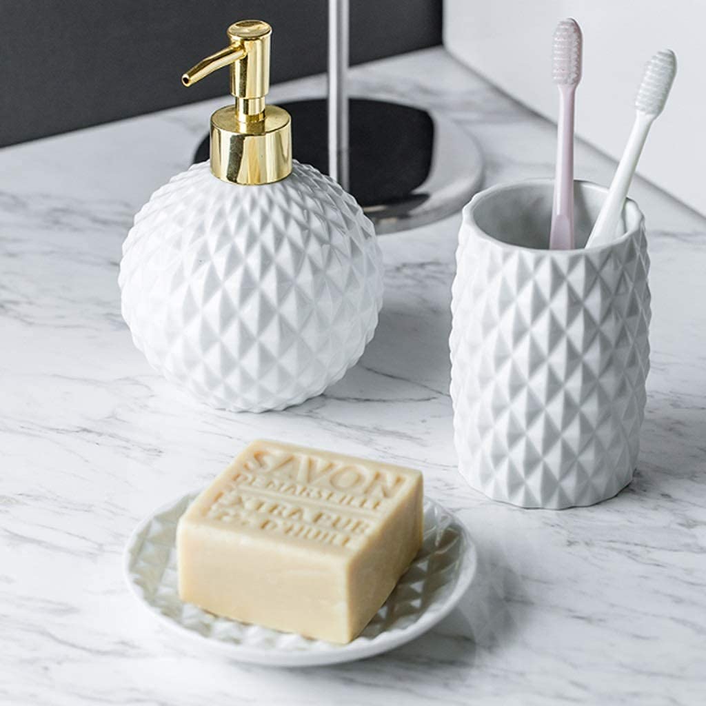 Dispensador Jabón Set Juego De Accesorios De Baño De Cerámica del Norte De Europa con Taza para Cepillo De Dientes, Dispensador De Jabón, Juego De Jabonera Baño Accesorios(5PCS)