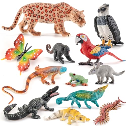 Totsmile 12 PCS Tropical Rainforest Animal Figurines Realistic Jungle Animal Figures for Kids School Educational Animal Toys Set Cupcake Topper Jungle Party Favors Classroom Props Birthday Gifts