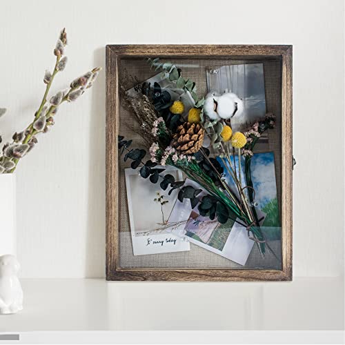 Image of GraduationMall 11x14 Shadow Box Frame Solid Wood Glass Door Display Case with Linen Back and 6 Stick Pins,1.5 inches Interior Depth,Ideal for Memorabilia Pictures Flowers Medals Tickets