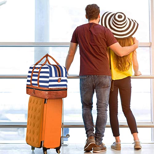 Image of Weekender Bag for Women, Large Overnight Bag Canvas Travel Duffel Bag Carry On Tote with Shoe Compartment 21 inch 3Pcs Set, A14-brown+blue & white stripes, Large