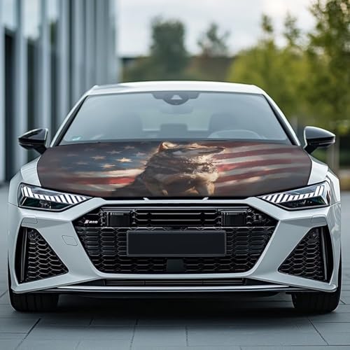 Image of American Flag Wolf Car Hood Cover All Weather Automotive Exterior Accessories Universal Fit Hood Covers for Cars, Trucks, SUV, or Van Full Coverage with Elastic Band