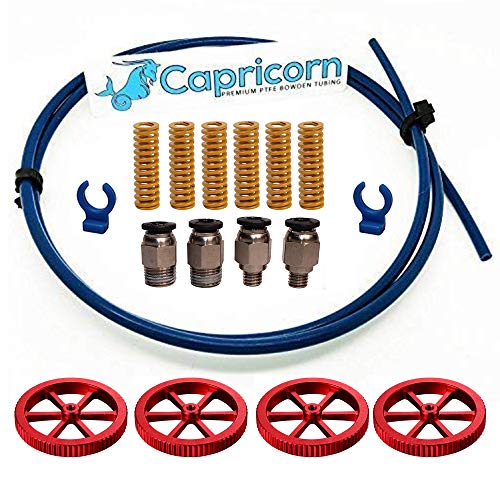 Authentic Capricorn PTFE Bowden Tubing 1 Meter XS Series with 4 Aluminum Hand Twist Leveling Nuts, 6 Premium All Metal Bed Springs and Upgraded PC4-M6 and PC4-M10 Fittings with Metal Teeth Upgrade