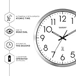 SHARP Atomic Analog Wall Clock - 12" Silver Brushed Finish Sets Automatically- Battery Operated Easy to Read Use: Simple, Style fits Any Decor - Image 3