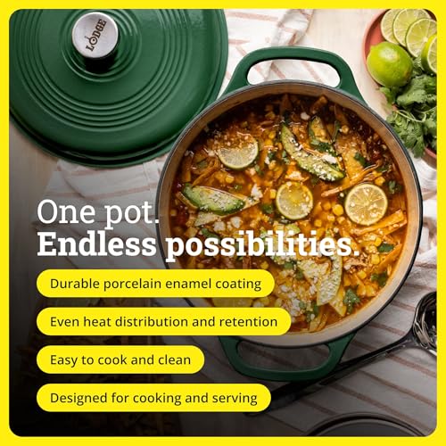 Lodge Essential Enamel Cast Iron Dutch Oven 6 Quarts - Perfect for Bread Baking, Braising, Marinating & Slow Cooking, Features Moisture-Sealing Lid & Dual Handles, Kitchen Essentials, Evergreen by Lodge - Image 2