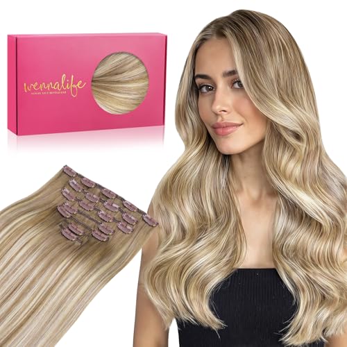 Image of WENNALIFE Clip in Hair Extensions Real Human Hair, 14 Inch 120g 7pcs Balayage Dirty Blonde with Platinum Ends Remy Hair Natural Double Weft