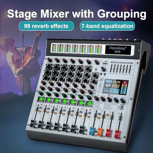 Depusheng AG8 Professioneller DJ-Mixer 8 Kanäle 99 DSP Echo Audio Soundmixer mit MP3 USB Bluetooth 48V Phantomspeisung Gruppierung und 2 AUX Schnittstellen für die Aufnahme von DJ Bühnen Karaoke